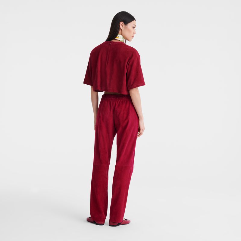Longchamp Leather Straight Women Pants Dark Red | Canada-849QWOKST